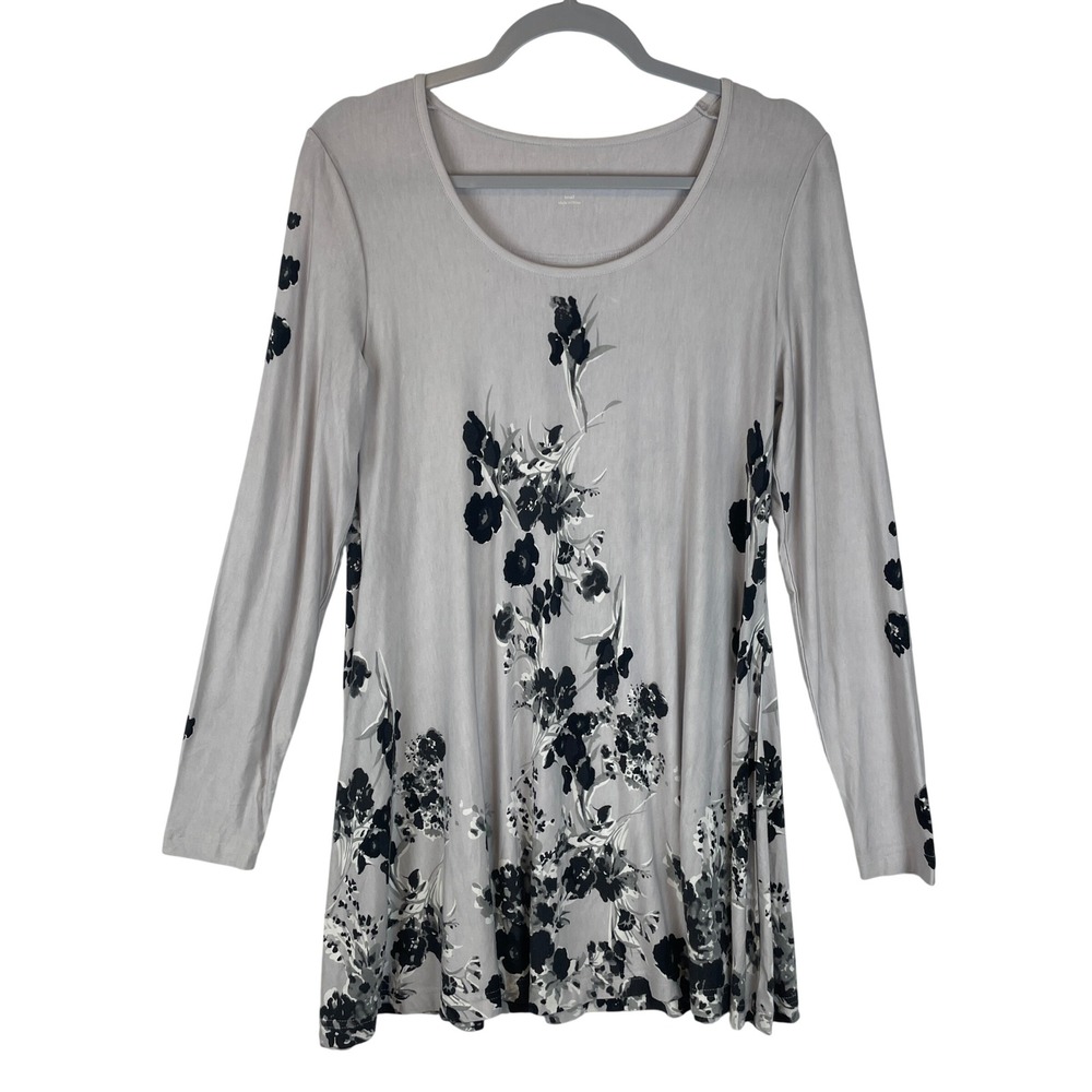 Soft Surroundings Gray Black Floral Long Sleeve Tunic Top Scoop Neck Jersey S